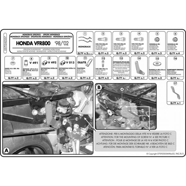 Givi 257FZ Monorack Sidearms For Honda VFR800 (1998-2001) 2 Givi 257FZ Monorack Sidearms For Honda VFR800 (1998-2001) - Image 2